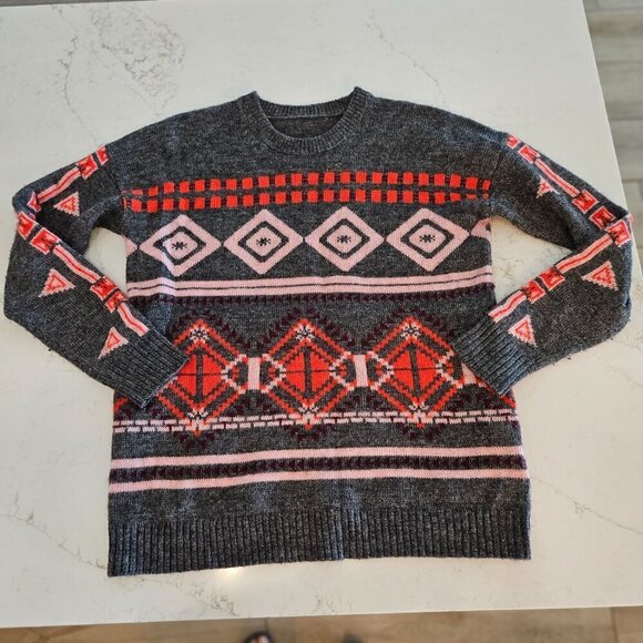 J. Crew Size Medium Abstract Fair Isle Gray Red Pink Wool Mohair Blend Sweater - Picture 3 of 11